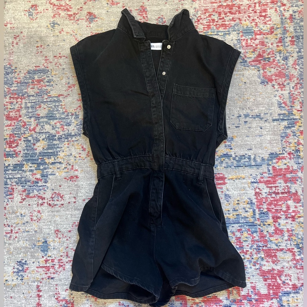 zara black denim jumpsuit